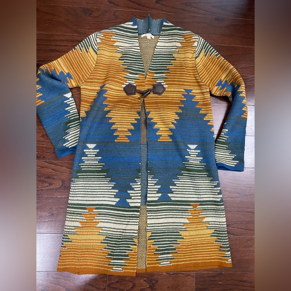 Magnolia Lane Southwest Aztec Long Knit Cardigan Toggle Clasp Artsy Western Sz M